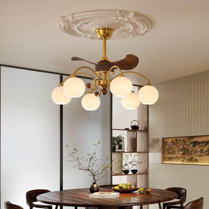 灯具风扇灯胡桃木色扇灯中古风室新客厅灯复古卧灯餐吊厅中式风扇