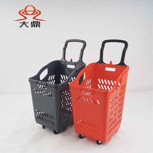 厂家销售超市购物篮拉杆带轮加厚加大塑料篮购物筐高背款高背加大