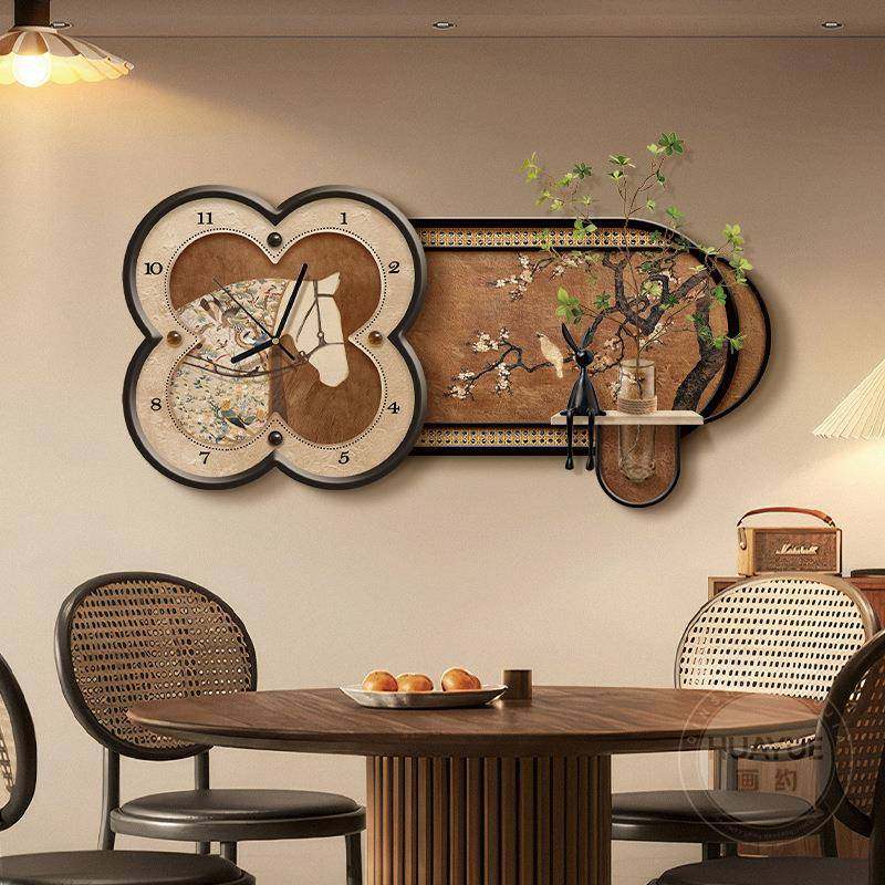 中古风餐厅画带钟表装饰2025款高端客新厅时HD904220钟墙壁画法瑰