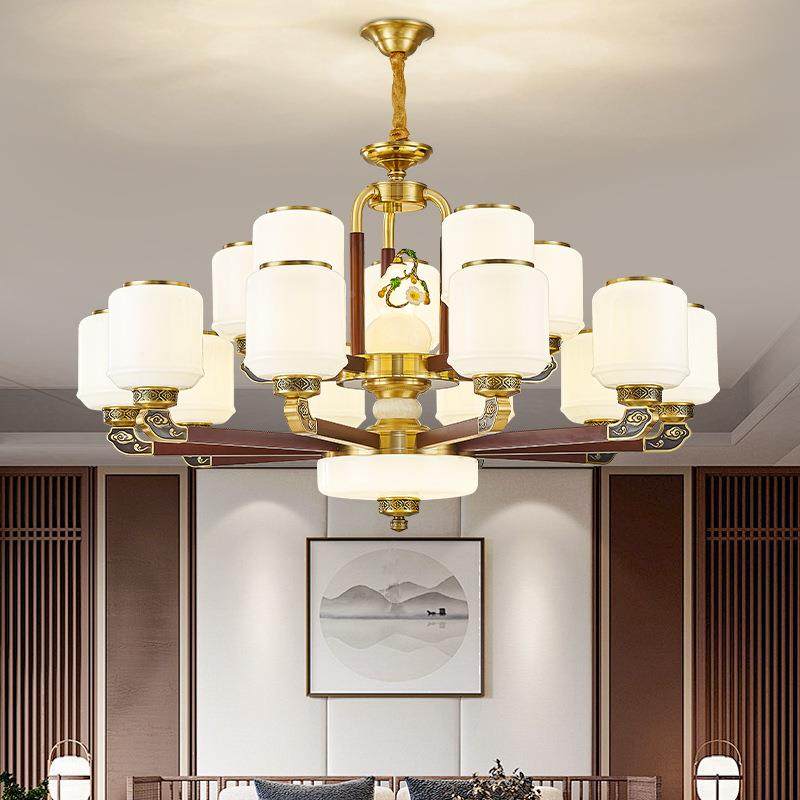 新中式别墅式楼大吊间全铜6实木玻璃客厅灯中空复跃层楼梯长吊灯,家装灯饰光源,智能吊灯,淘宝优惠券,粉丝福利购,淘宝优惠卷