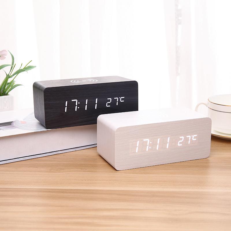 闹钟木钟led头数字多功能钟无线充电木质儿童床头F$p$%p#g温闹度
