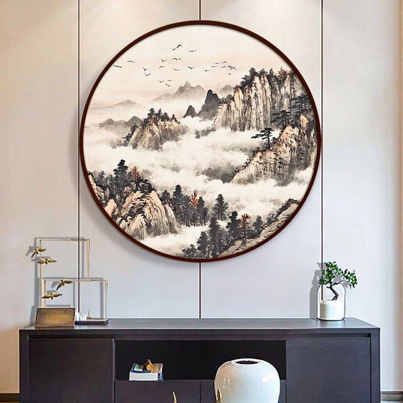 圆形装饰画办公室字画挂画新中式聚财山水风景画客厅玄关墙面壁画图片