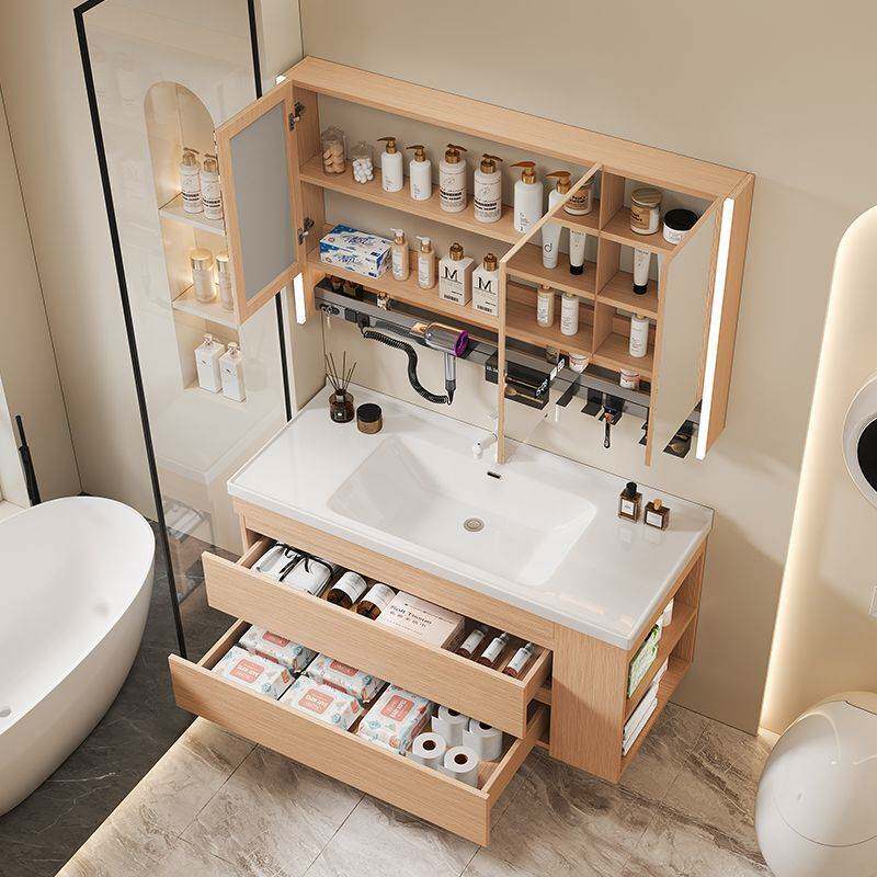 原木色浴室柜带侧边柜智能洗脸盆柜组合陶瓷一体盆洗漱台侧边收纳