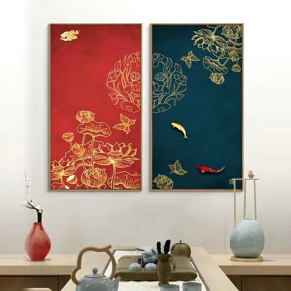新中式玄关红色装饰画现代客厅餐厅墙壁画两联竖幅拼接个性挂饰画