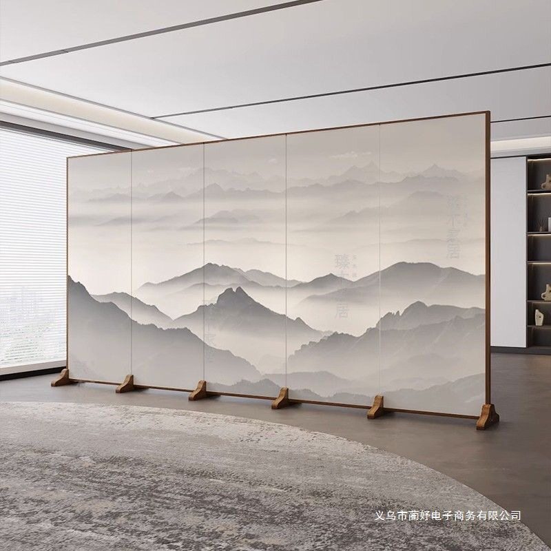 山水屏风折叠移动中式客厅背景隔断墙办公室酒店茶室遮挡折屏