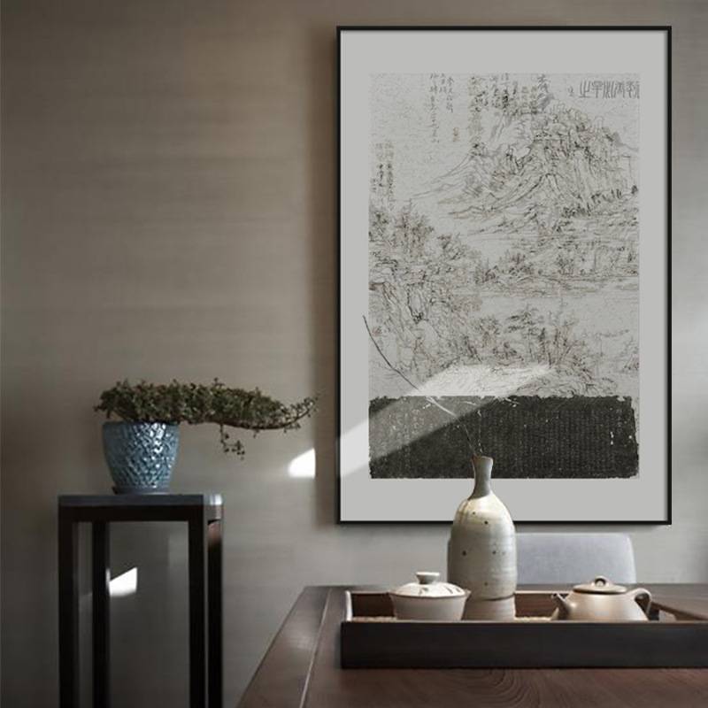 青城后山 新中式入户玄关装饰画黑白山水风景画禅意茶室竖版字画