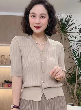 女夏季薄款短袖T恤坑条款V领小开衫#23349针织衫气质百搭