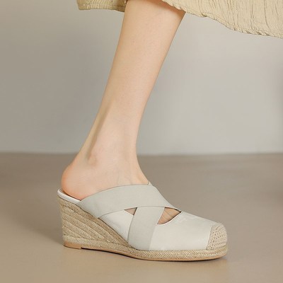 7cm包头增高渔夫拖鞋女夏季外穿网红交叉带厚底草编坡跟半托凉拖