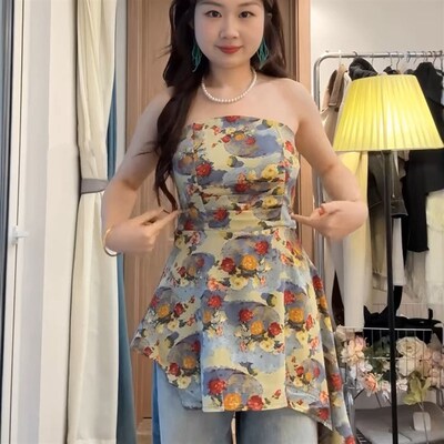 大码胖MM法式复古油画抹胸女夏季新款修身不规则设计感甜辣妹上衣