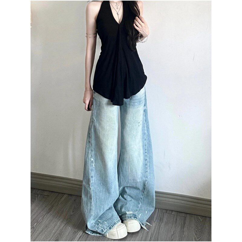 浅色复古磨破阔腿牛仔裤女夏季新款高腰宽松显瘦百搭直筒拖地裤子