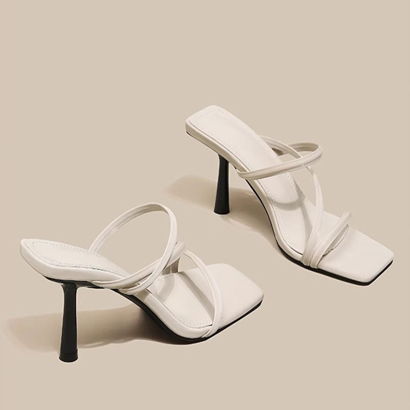 法式白色高跟鞋女细跟仙女一字带凉鞋女夏百搭时尚方头凉拖鞋女