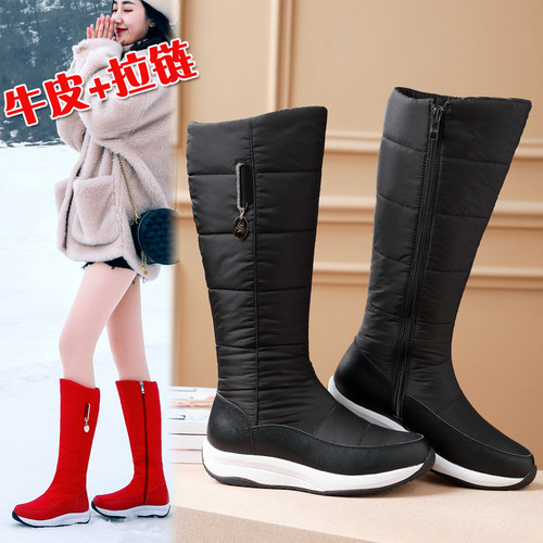 2023冬季新款牛皮高筒靴女士雪地靴运动J底加厚棉靴侧拉炼真皮靴