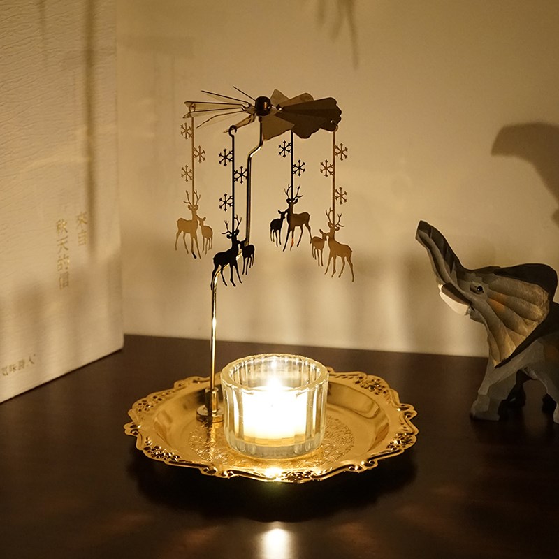 浮雕花纹金属圆托盘旋转烛台走马灯磁吸款香薰蜡烛杯底座摆件