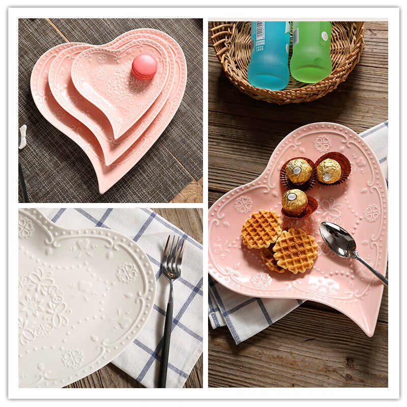 爱心欧式花瓣边蕾丝浮雕蝴蝶陶瓷餐盘心形盘点心盘水果盘下午茶