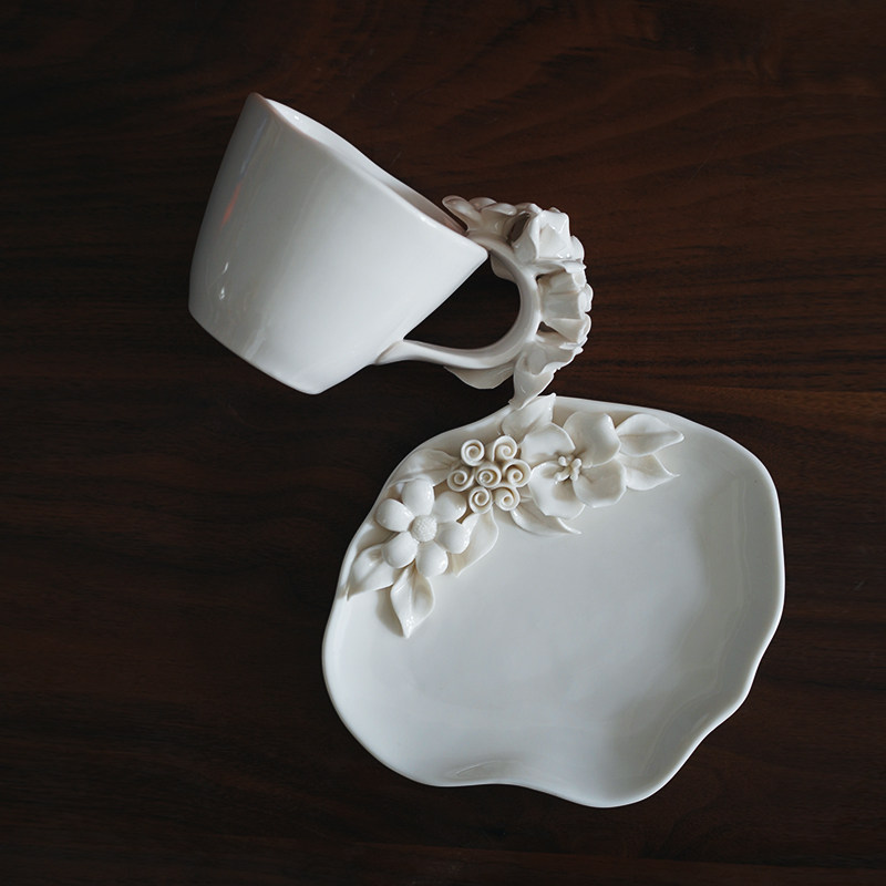 花园下午茶 高档精致手捏花卉陶瓷咖啡杯碟套 不规则花茶杯点心碟