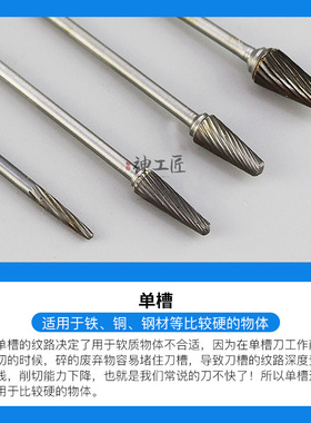 金鹰硬质合金磨头旋转锉钨钢铣刀头L针木工根雕工具单双槽235mm