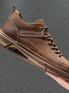 真皮男鞋2026新款棕色系带时尚复古厚底男鞋潮流休闲百搭软底鞋子