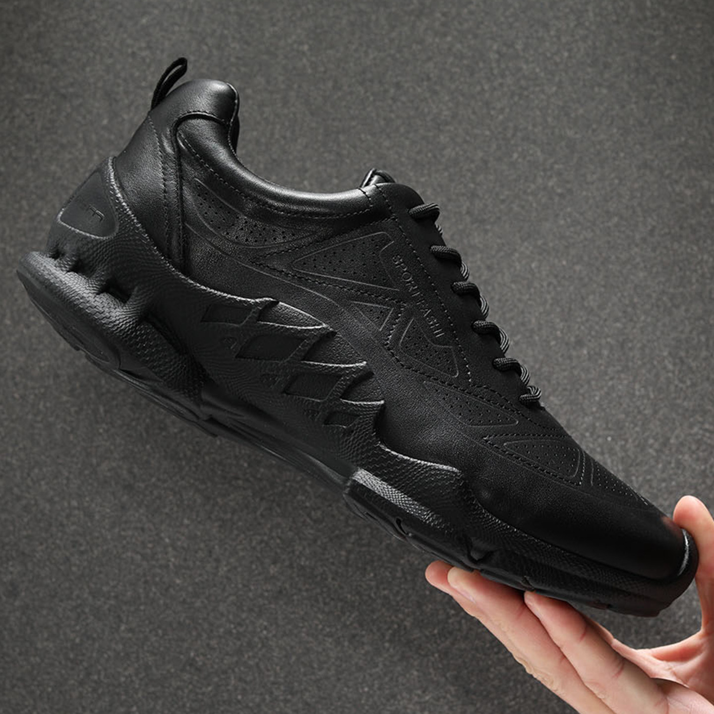 2026春季新款黑色真皮运动鞋男透气减震厚底百搭休闲牛皮跑步鞋男