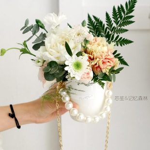饰鲜花花艺花束 金属花盆铁艺绿植摆件装 芯苼 手提珍珠陶瓷小花瓶