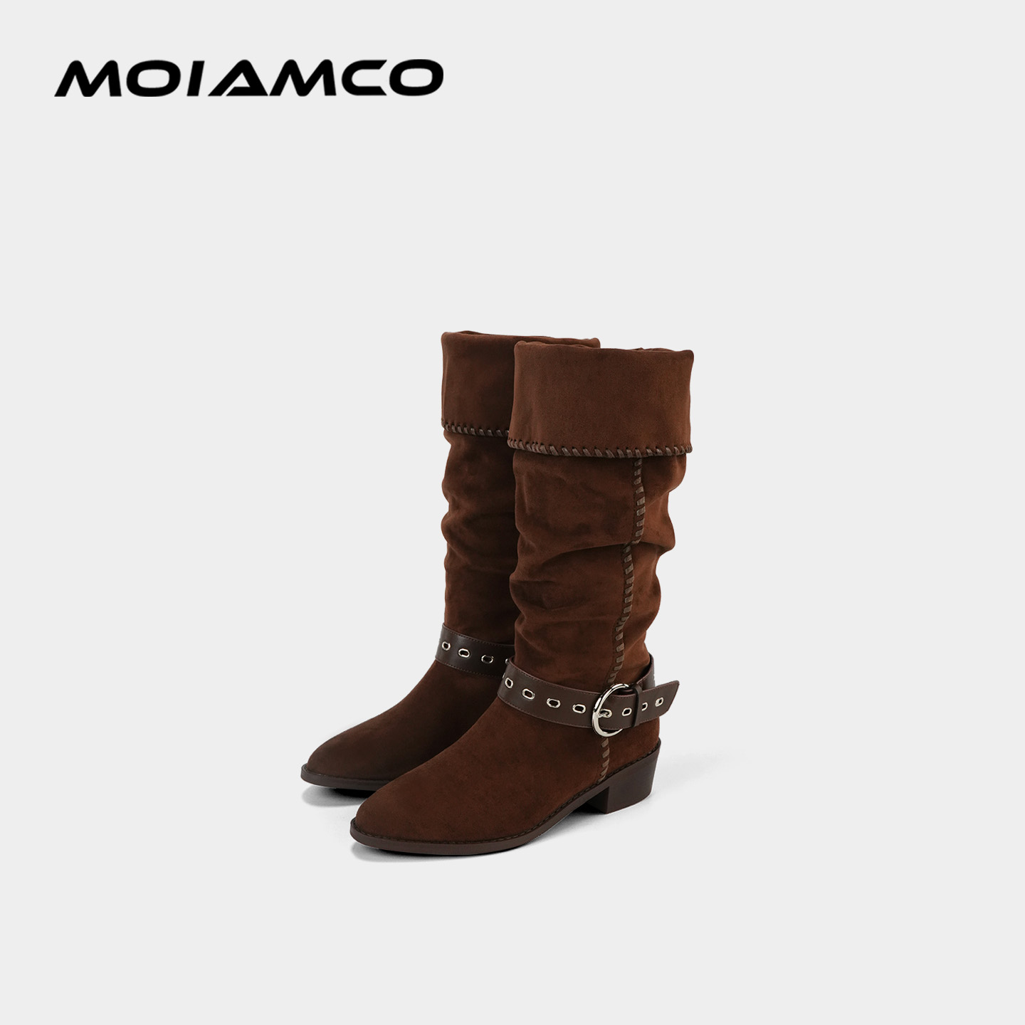 【昕怡粉丝专属】Molamco尖头编织皮带扣长筒时装靴复古时尚