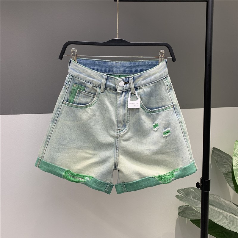 2024夏季新款高腰拼接撞色卷边破洞休闲牛仔裤百搭a字阔腿短裤女