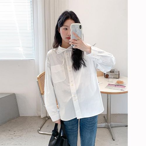 天空之境~内搭很好看孕妇春装新款减龄圆领长袖衬衫飘带白色衬衣