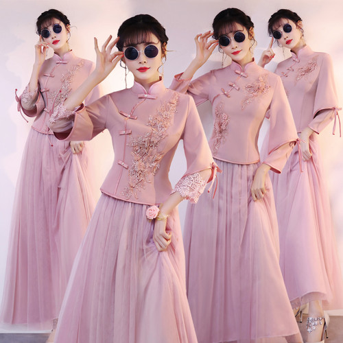 中式伴娘服修身2021新款秋冬新款姐妹团毕业季礼服裙女显瘦中国风