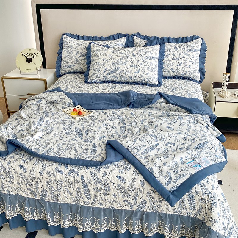 A类母婴级夹棉床盖四件套水洗棉麻三件套纯棉夏被床罩防滑空调被