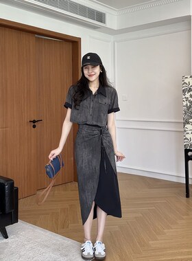 张阿星【轻熟天菜】炸街黑灰色短上衣+抽褶收腰半身裙两件套装女