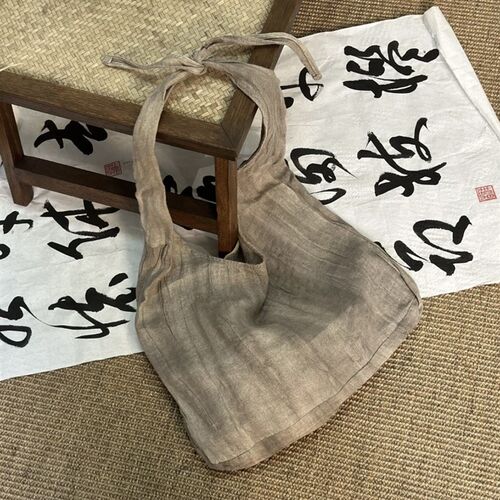 文艺新款复古砂洗炒色扎染褶皱亚麻百搭挎包小众单肩包女亚麻包