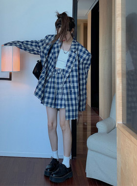 设计感格子西装外套一字肩上衣甜美系带阔腿短裤防晒衣炸街两件套
