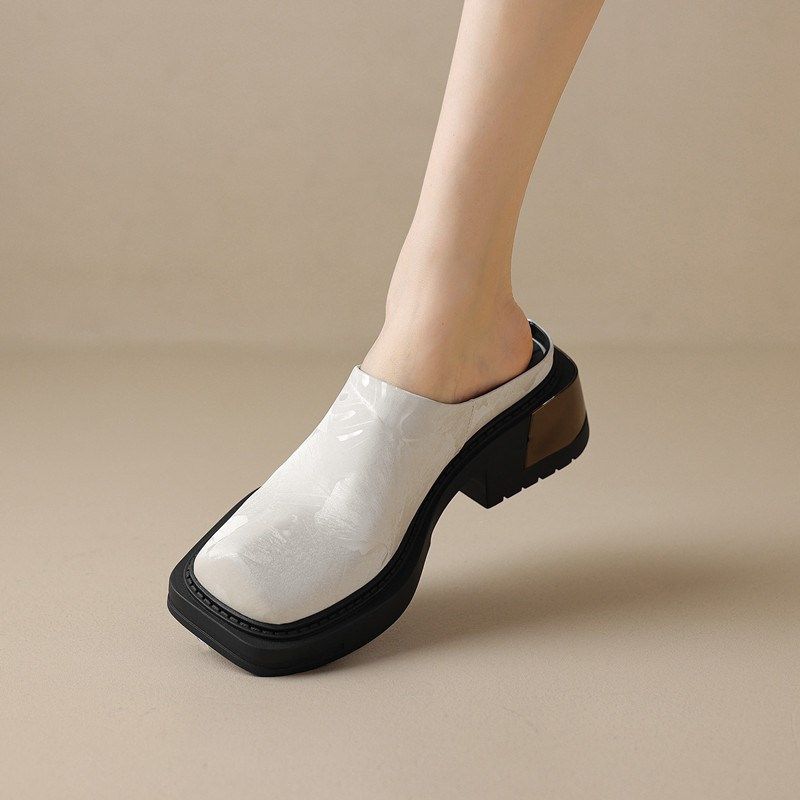 复古外穿厚底包头半拖鞋女真皮方头懒人凉L拖粗跟松糕底米白色单,女鞋,包头拖,淘宝优惠券,粉丝福利购,淘宝优惠卷