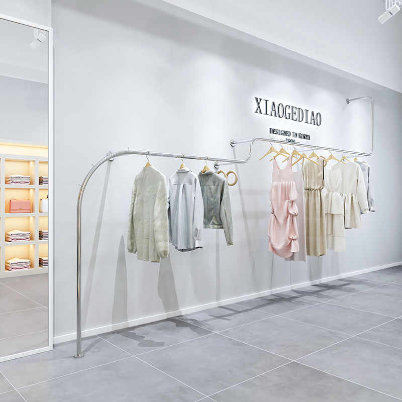 直销服装店展示架不锈钢拉丝女装B货架陈列架银色壁挂式衣架上墙