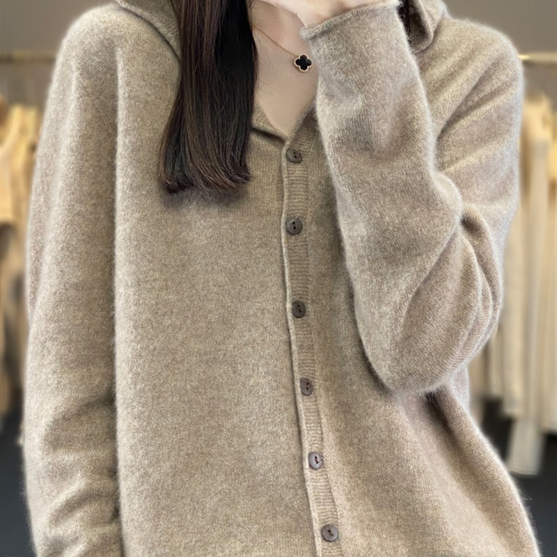 2024秋冬新款100羊毛连帽开衫女宽松帽衫外套针织卫衣羊绒上衣潮