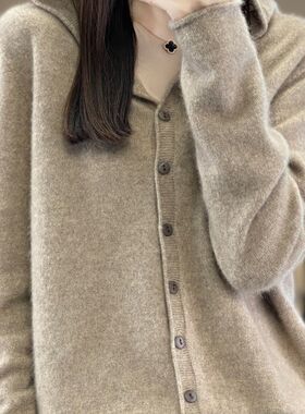 2024秋冬新款100羊毛连帽开衫女宽松帽衫外套针织卫衣羊绒上衣潮