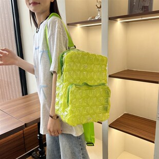 2024新款PVC充气双肩包夏季大容量彩色果冻背包方块格子学生书包
