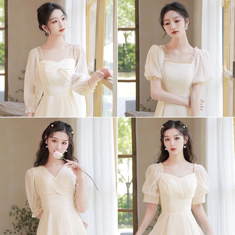 平时可穿香槟色伴娘服女2024新款春季长款姐妹服伴娘团简约礼服裙