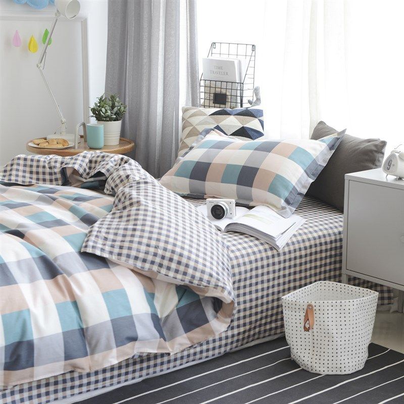 简约格子纯棉三件套100学生宿舍男女生全棉被套床单人1.2床上用品