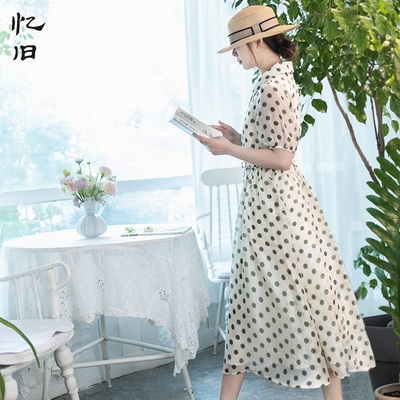 现货【南意小镇】雪纺绿波点连衣裙女春季2024新款收腰减龄长裙子