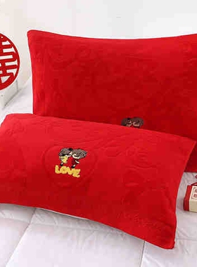 喜庆结婚大红色枕巾情侣婚庆用品纱布F高档一对装喜字新婚枕头巾c