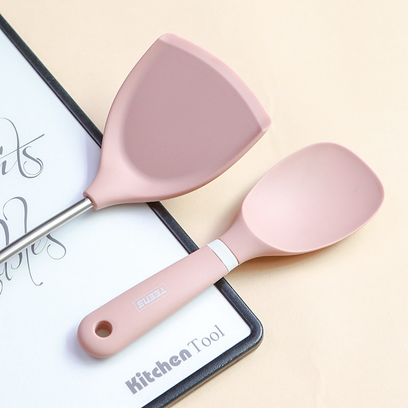 烟粉色系 304不锈钢尼龙全硅胶不粘锅漏铲锅铲漏勺汤勺炒铲厨具