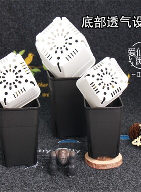 侧开孔花盆多肉种植透气方口高腰万盆磨砂盆易整理黑白色多规格