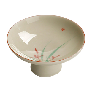 仿古手绘高脚盘家用白瓷茶点盘中式糕点碟子陶瓷水果盘禅意供佛盘