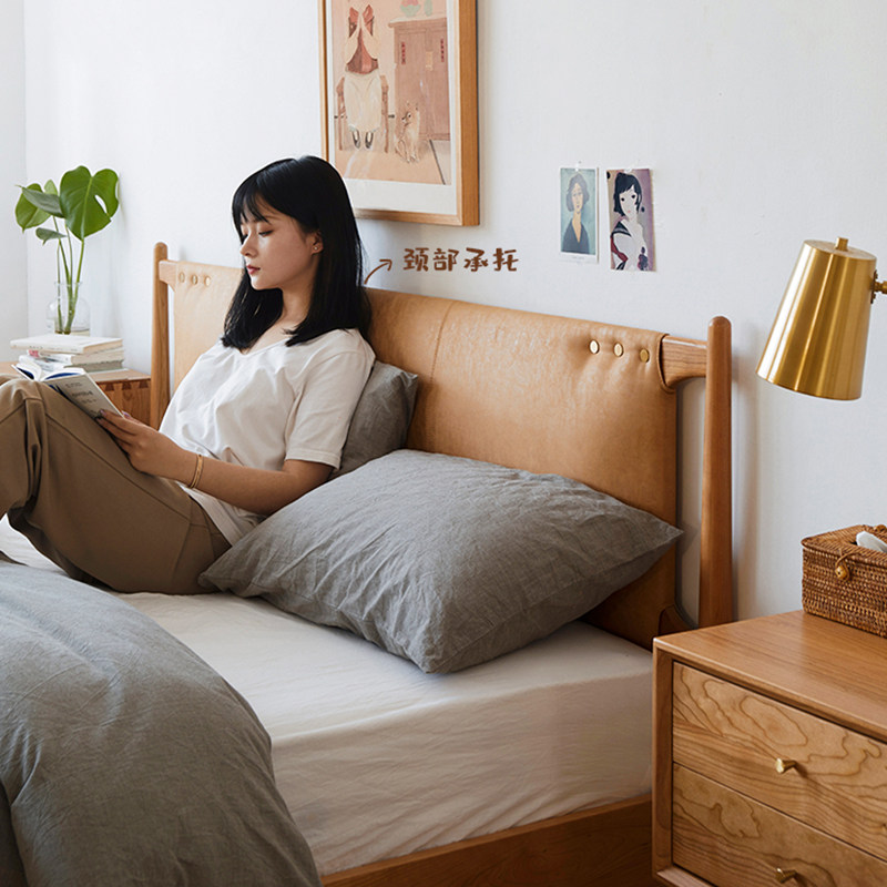 北欧实木床樱桃木复古主卧双人床侘寂风布艺床1.8米1.5米原木床