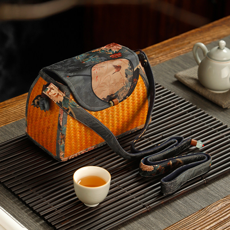 复古中式锦缎竹编包手提篮文艺风旅行便携手拎茶具收纳包布袋茶箱,搬运/仓储/物流设备,其他起重搬运设备,淘宝优惠券,粉丝福利购,淘宝优惠卷