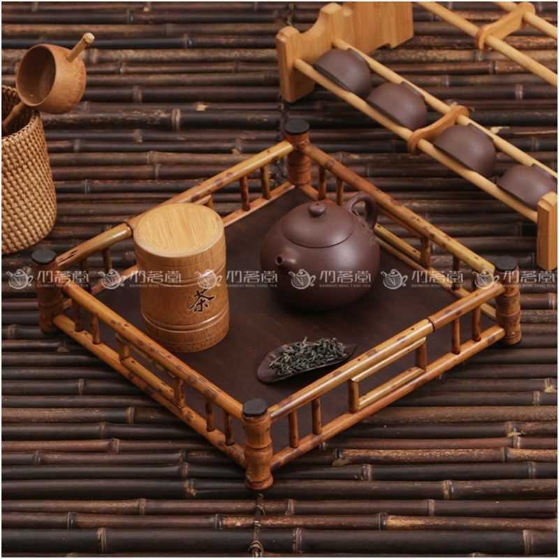 禅意梅鹿竹干泡茶台 竹制茶道茶具收纳盘 端茶盘茶棚茶杯架茶托盘