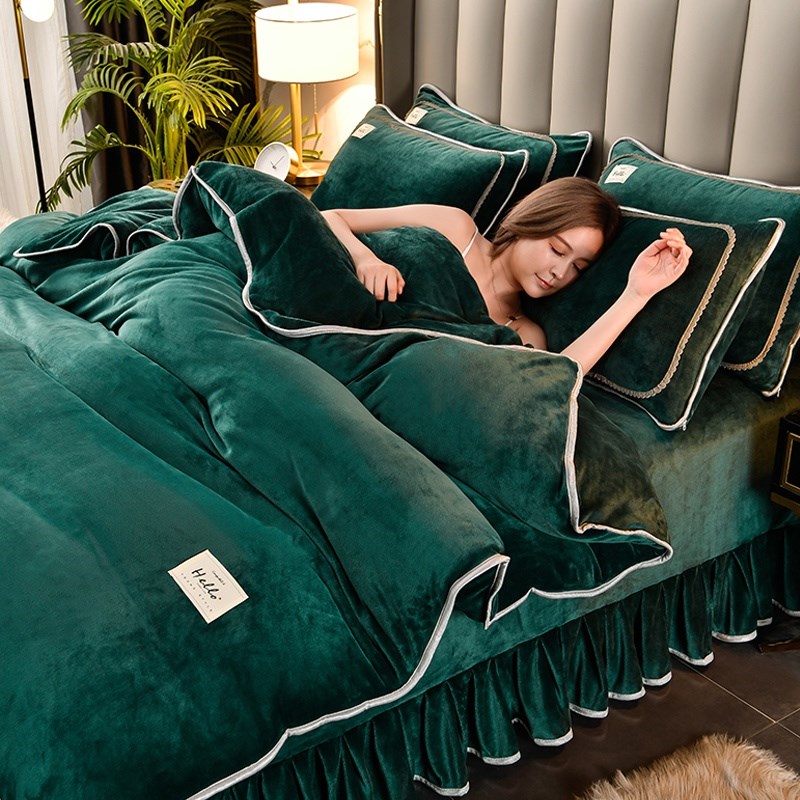 加厚牛奶绒珊g瑚绒四件套床裙冬季法兰绒双面短毛绒被套水晶三件