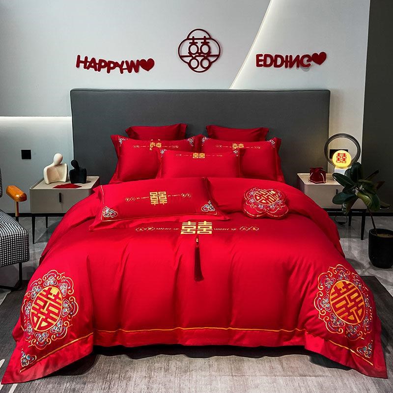 新款西藏包邮西藏龙凤喜被四件套结婚F高档刺绣大红色被套床单床
