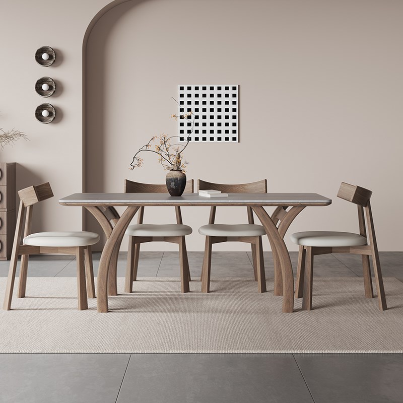 实木岩板餐桌现代简约胡桃色饭桌家用诧寂风灰色长W方形岩板餐桌