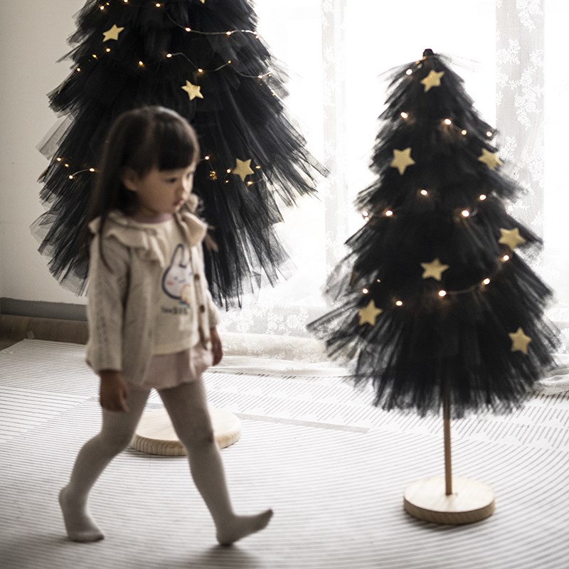 黑色黑金圣诞节摄影圣诞树s 暗黑圣诞派对纱树装饰物 送挂件节日